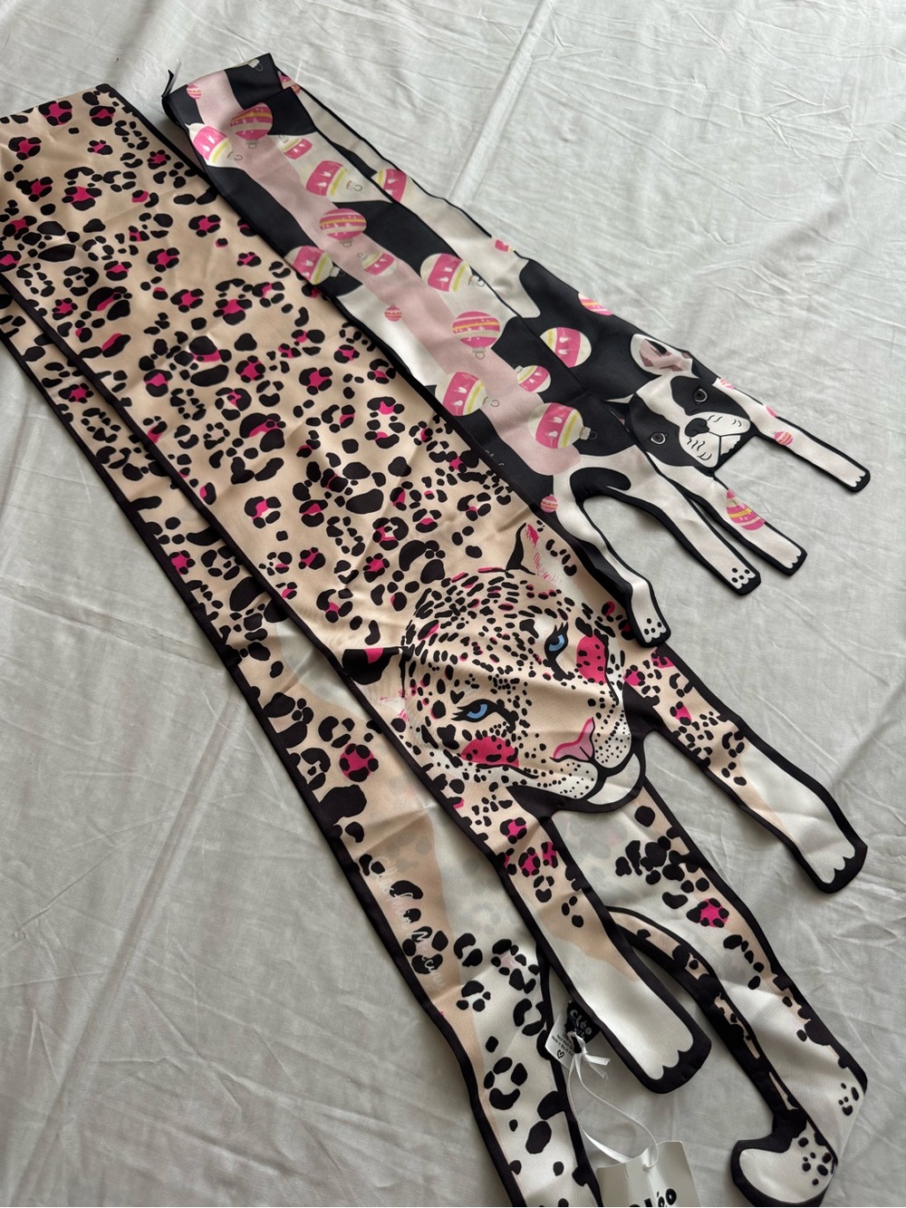 NWT Cléo x Ferin Mercury 100% Silk Scarf Bundle Leopard & French Bulldog